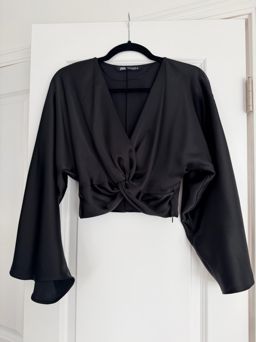 Zara Black Satin Twist-Front Cropped Blouse